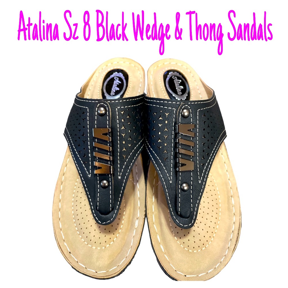 NWOT Atalina Sz 8 Black Thong Wedge Sandals with Metal & Stud Details